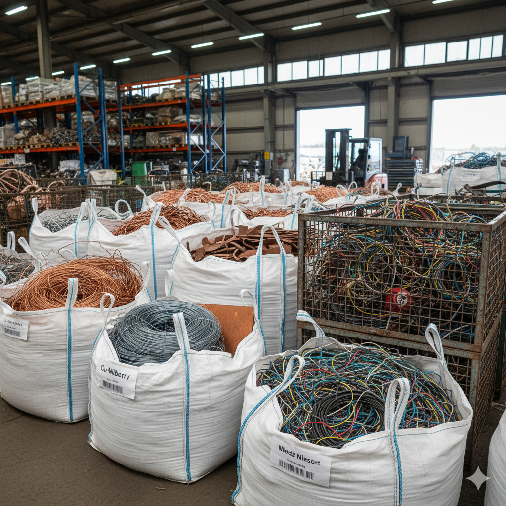 Różne rodzaje miedzi w workach, w magazynie skupu miedzi. 