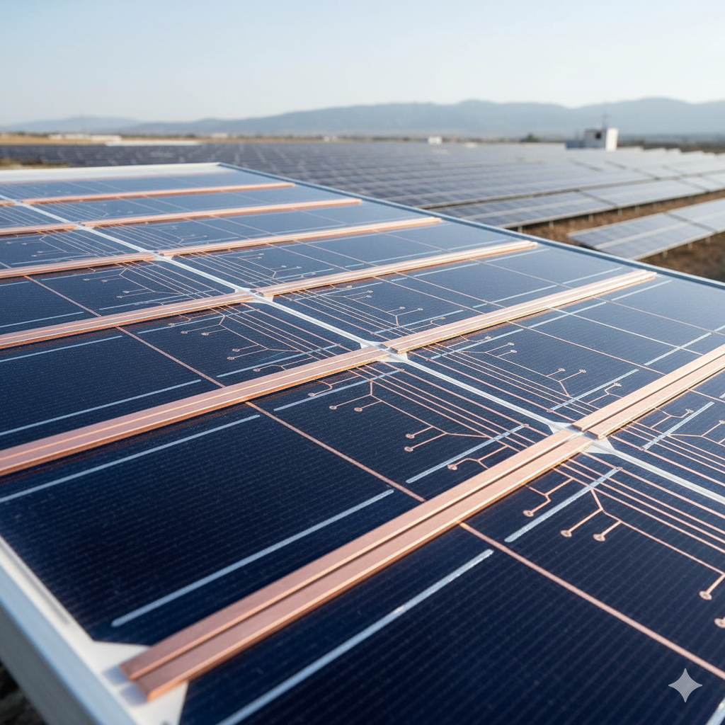 Zbliżenie na spoiwa miedziowe w panelach solarnych. 