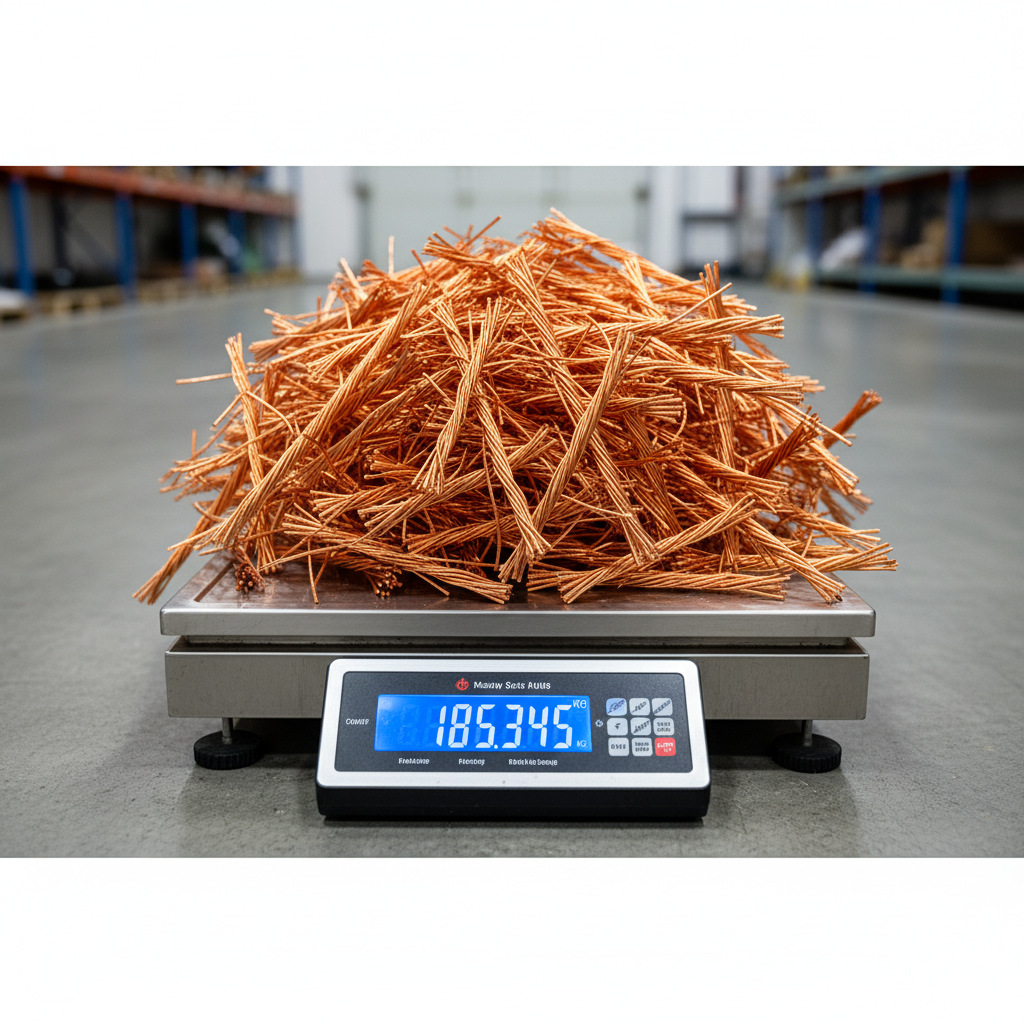 Zwoje czystej miedzi millbera na wadze, w tle magazyn skupu miedzi.