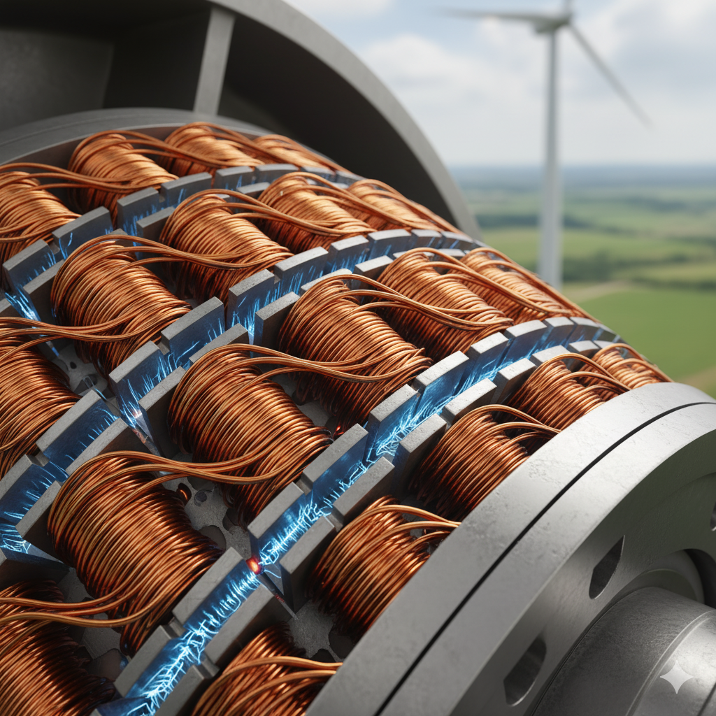 Zbliżenie na zwoje miedzi millbery w generatorze, w turbinie.