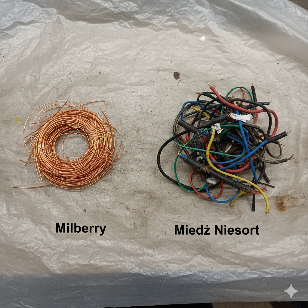Porównanie zwoju miedzi Millberra - czystego, miedzianego, z czystym połyskiem, do zwoju kolorowych, poplątanych kabli niesort.