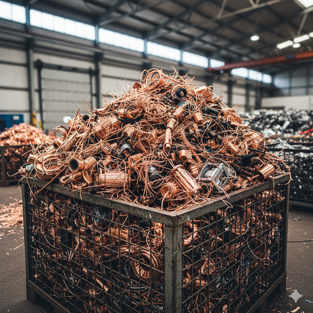 Kosz w hali skupu miedzi wypełniony elementami miedzianymi i kablami.