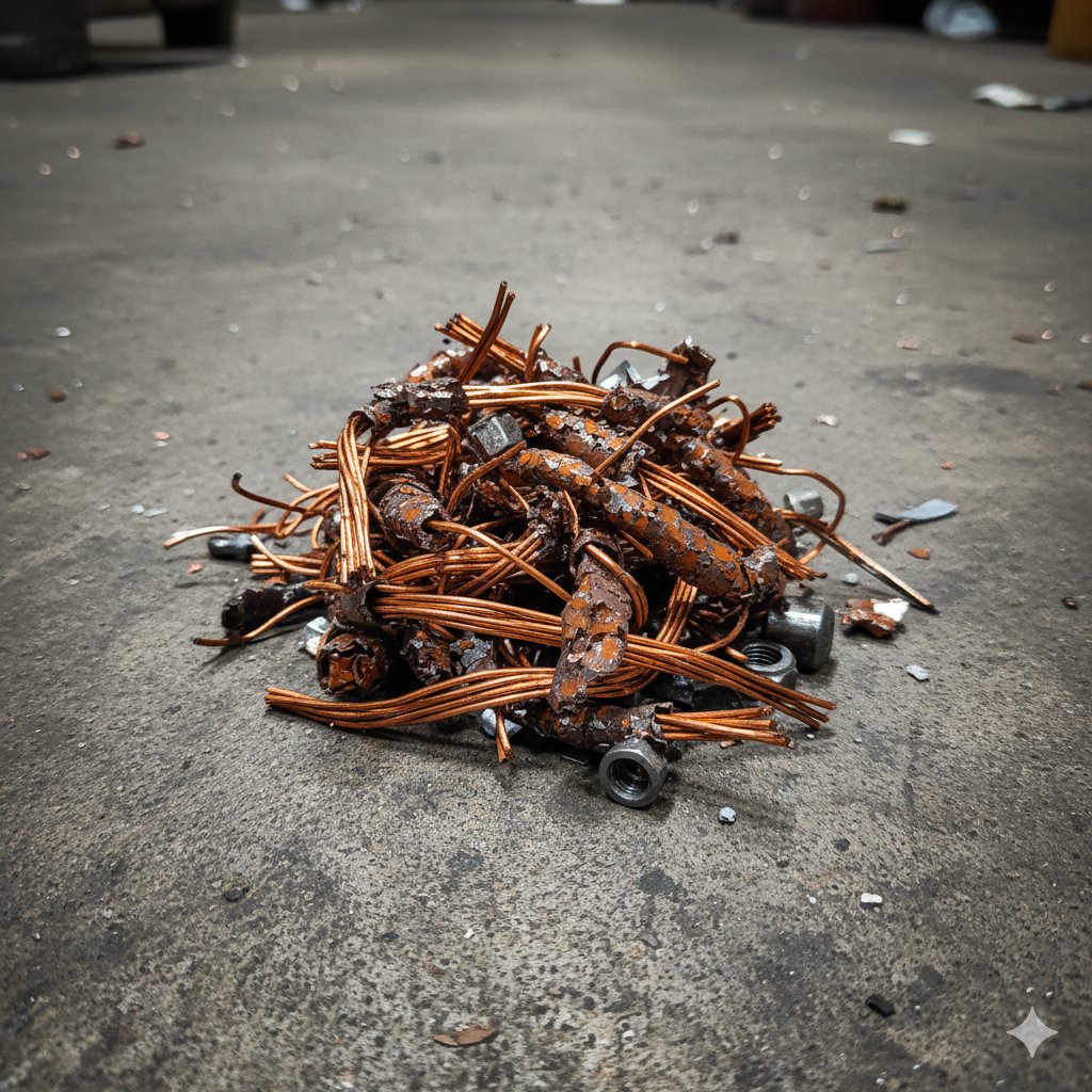 Elementy miedziane na stercie na podłodze w magazynie skupu miedzi. 