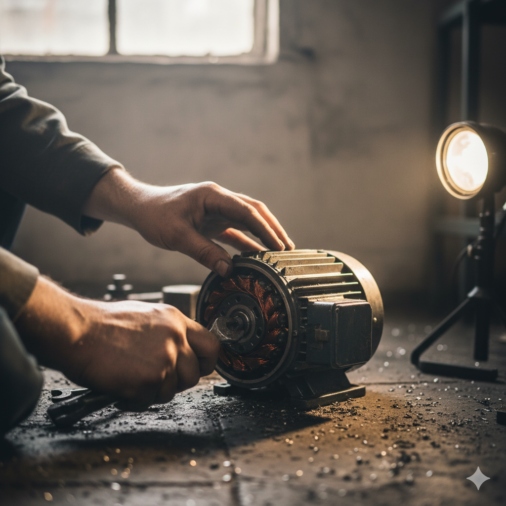 Osoba rozkładająca silnik i wyjmująca z niego miedziane elementy.