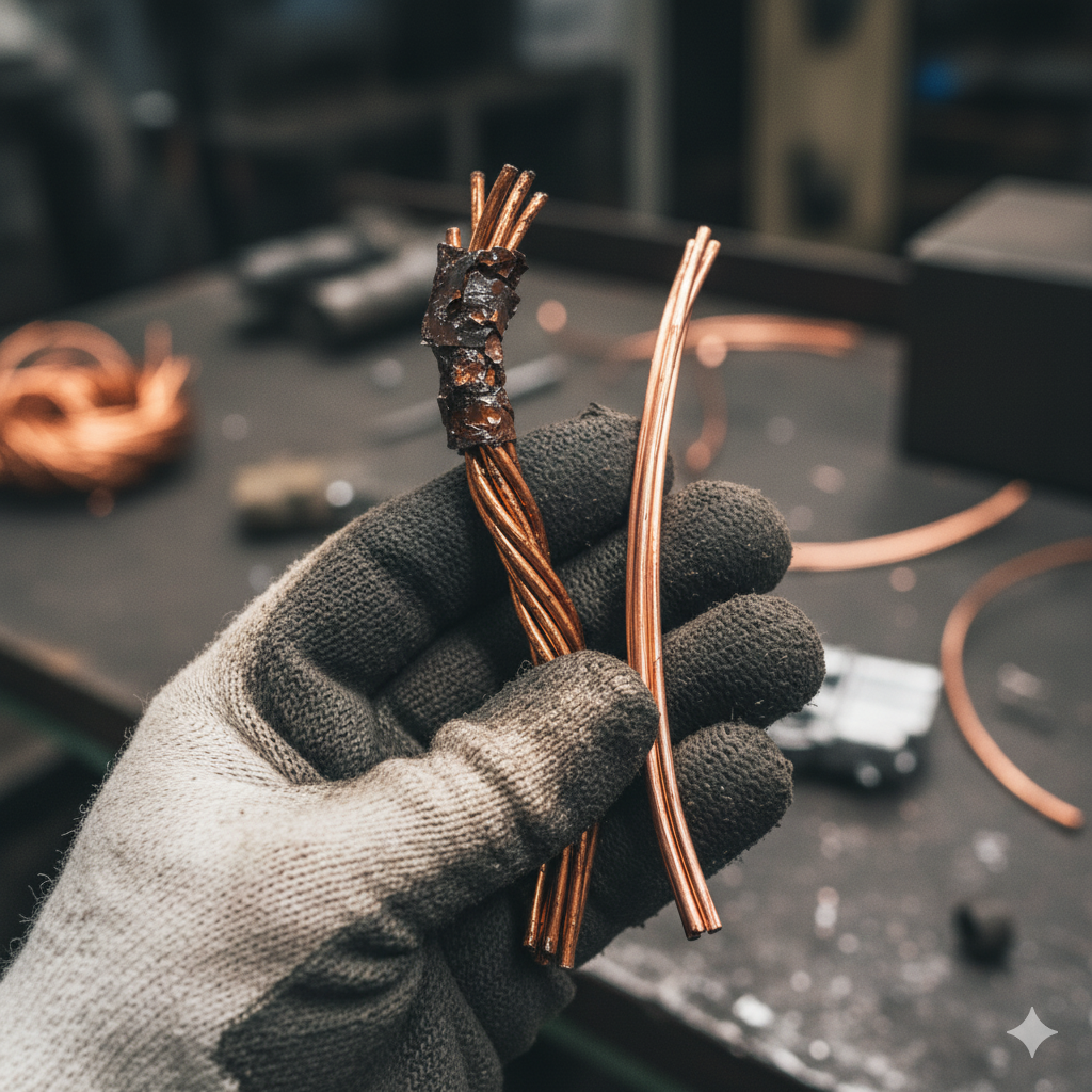 Osoba w rękawicach roboczych trzymająca drut miedziany.