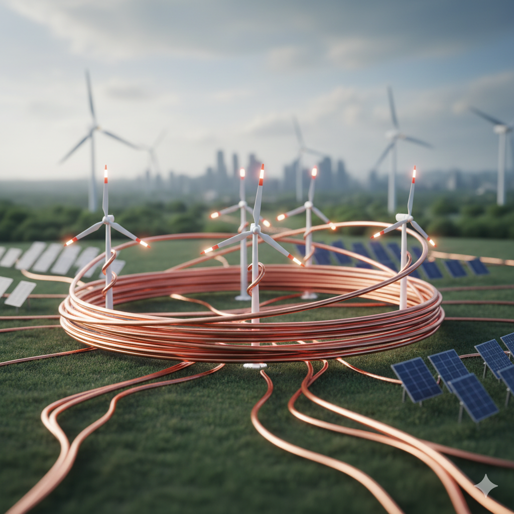 Futurystyczna miniatura przedstawiająca zwój miedzi zawinięty wokół wiatraków.