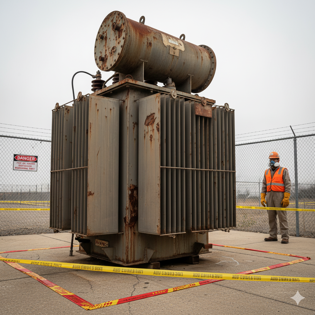 Na obrazku jest stary transformator, gotowy do rozbiórki, ogrodzony żółtą taśmą. 