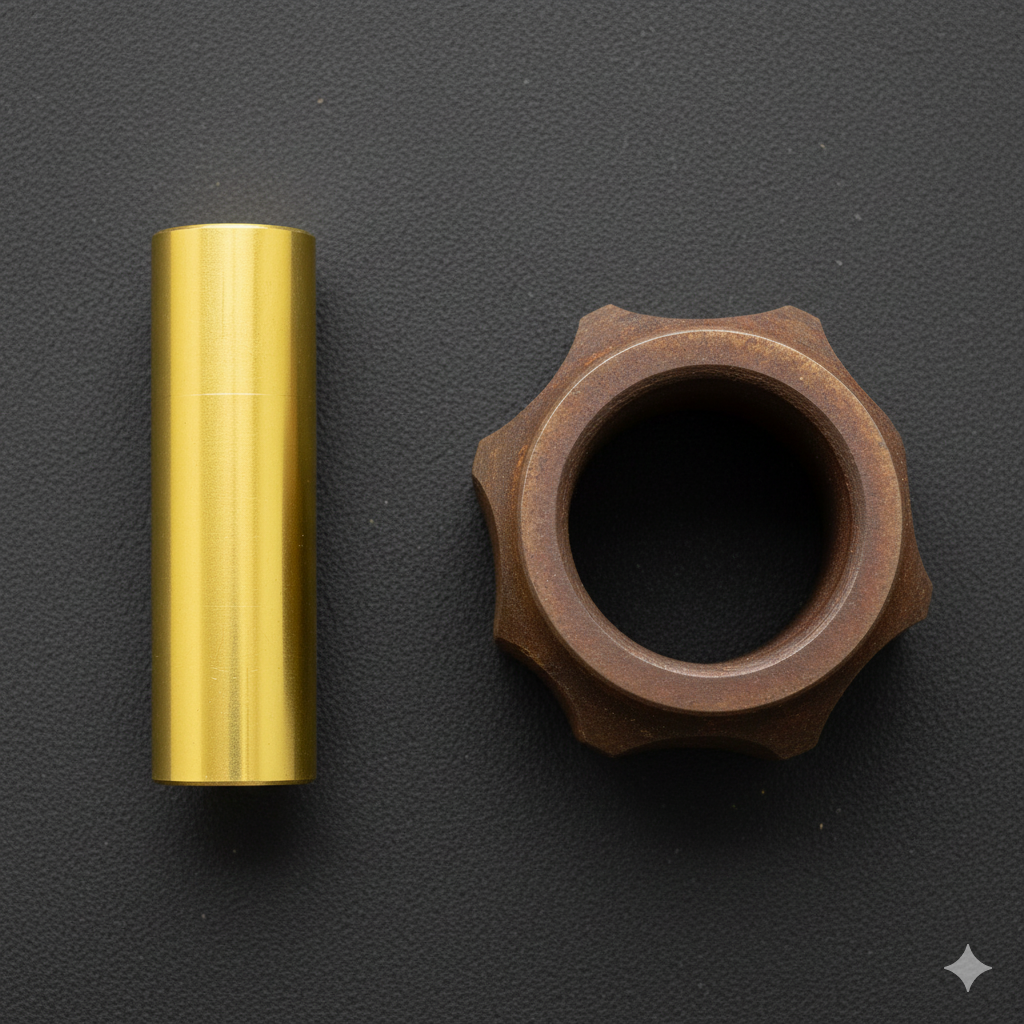 Po lewej lśniący, żółty mosiądz, po prawej ciemniejszy w kolorze, brąz.