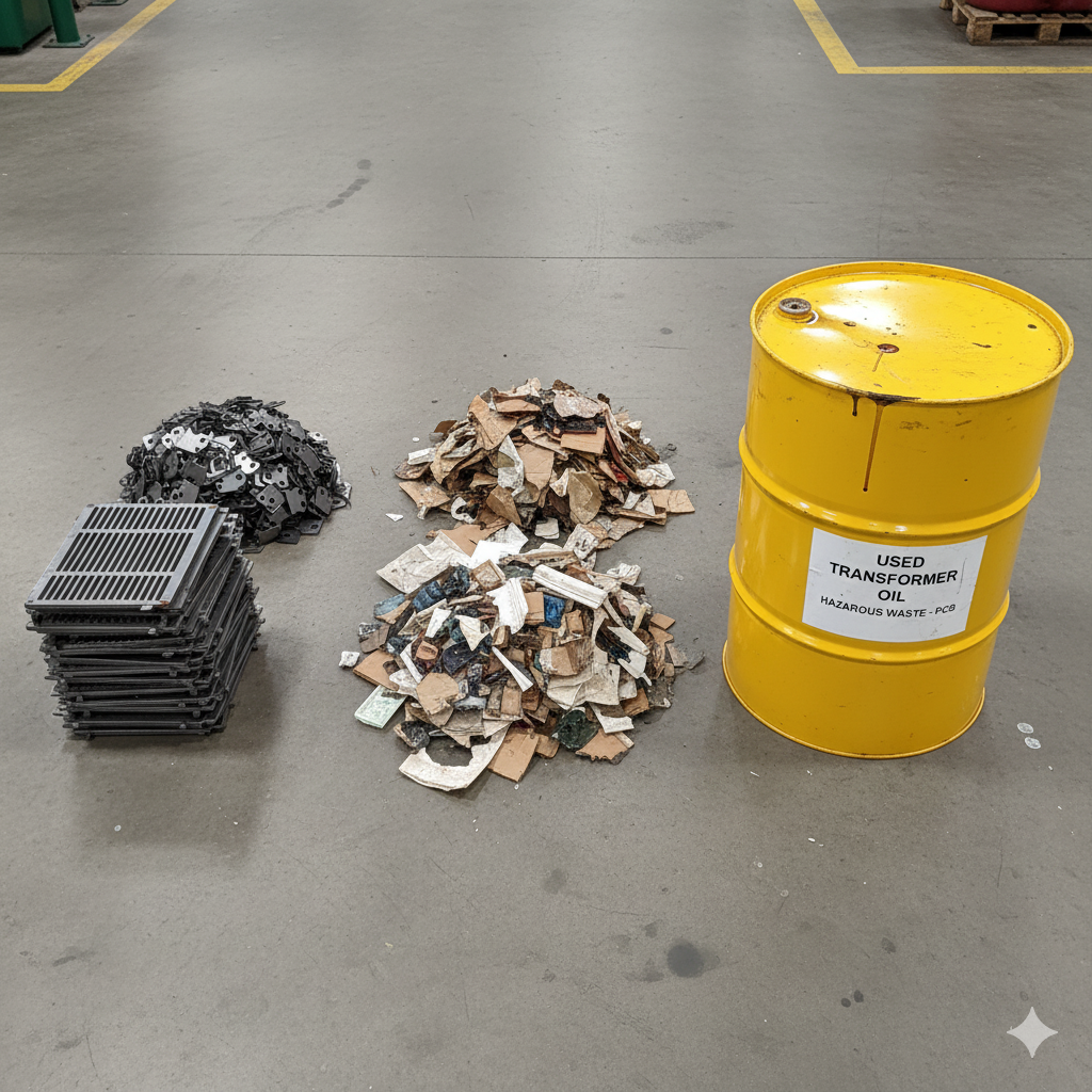 Pogrupowane odpady z transformera - olej, elementy stalowe, papierowe. 