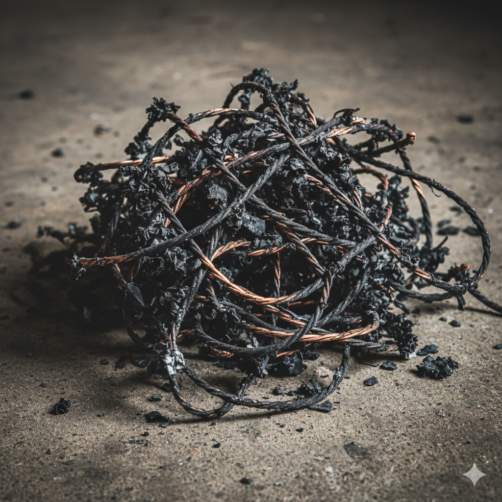 Pęto brudnej miedzi ze spaloną izolacją. 