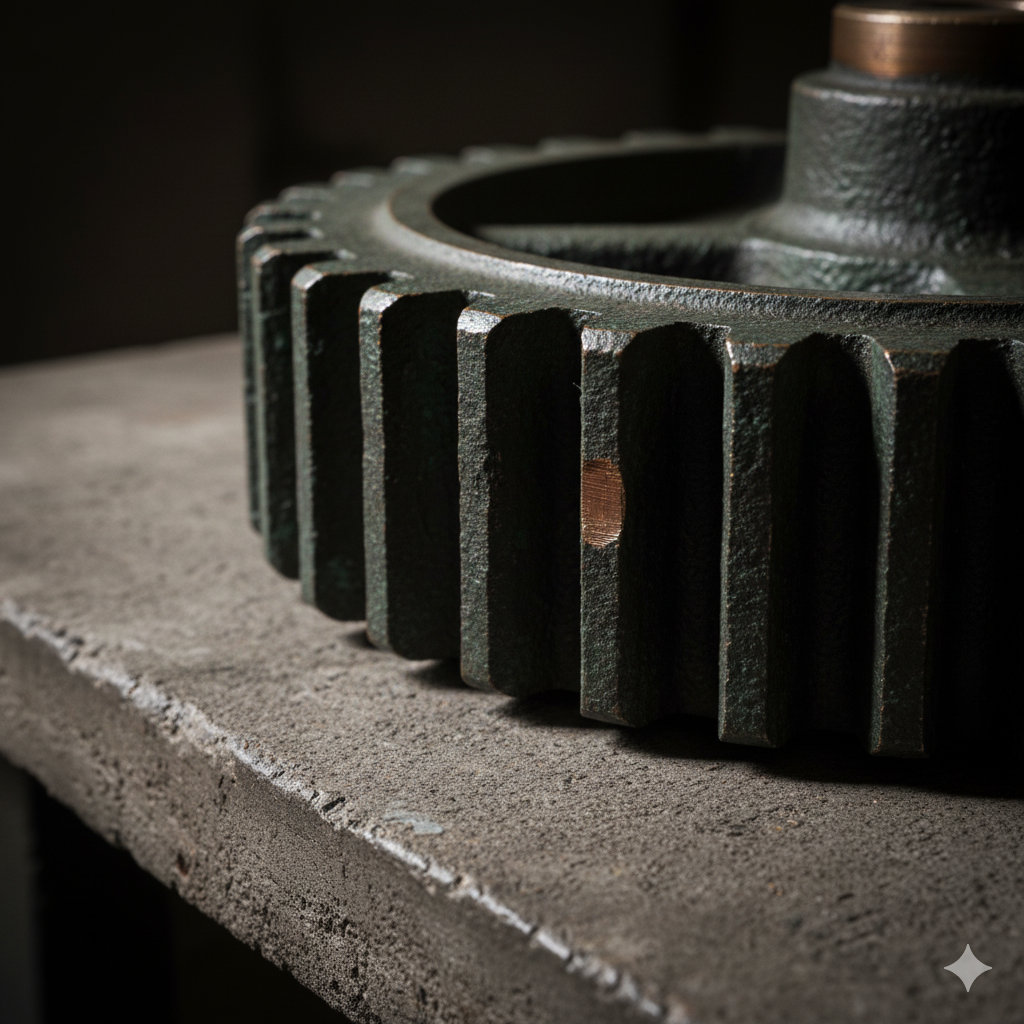 Element wykonany z brązu, z patyną i brudem zeskrobanym w jednym miejscu, które pokazuje czysty kolor metalu. 