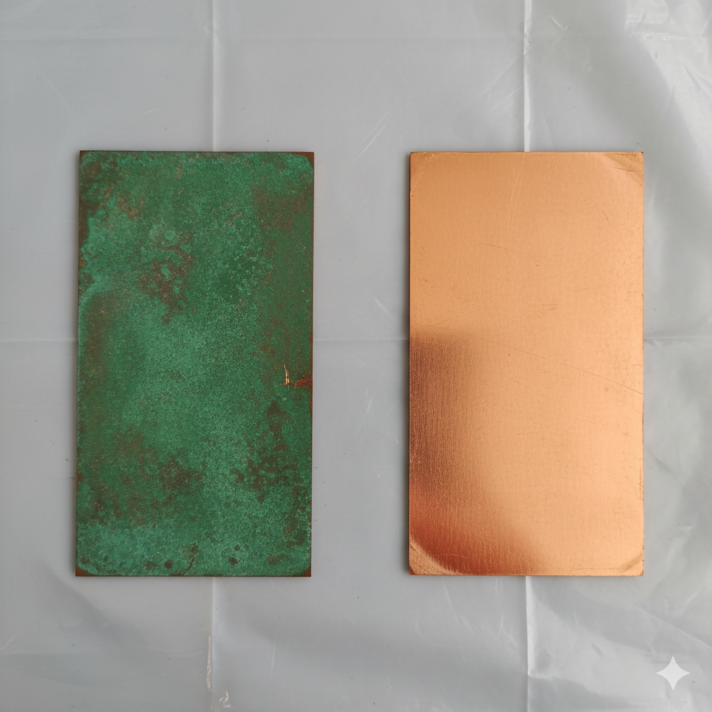 Porównanie - po lewej pokryta śniedzią blacha miedziana, po prawej czysta blacha.