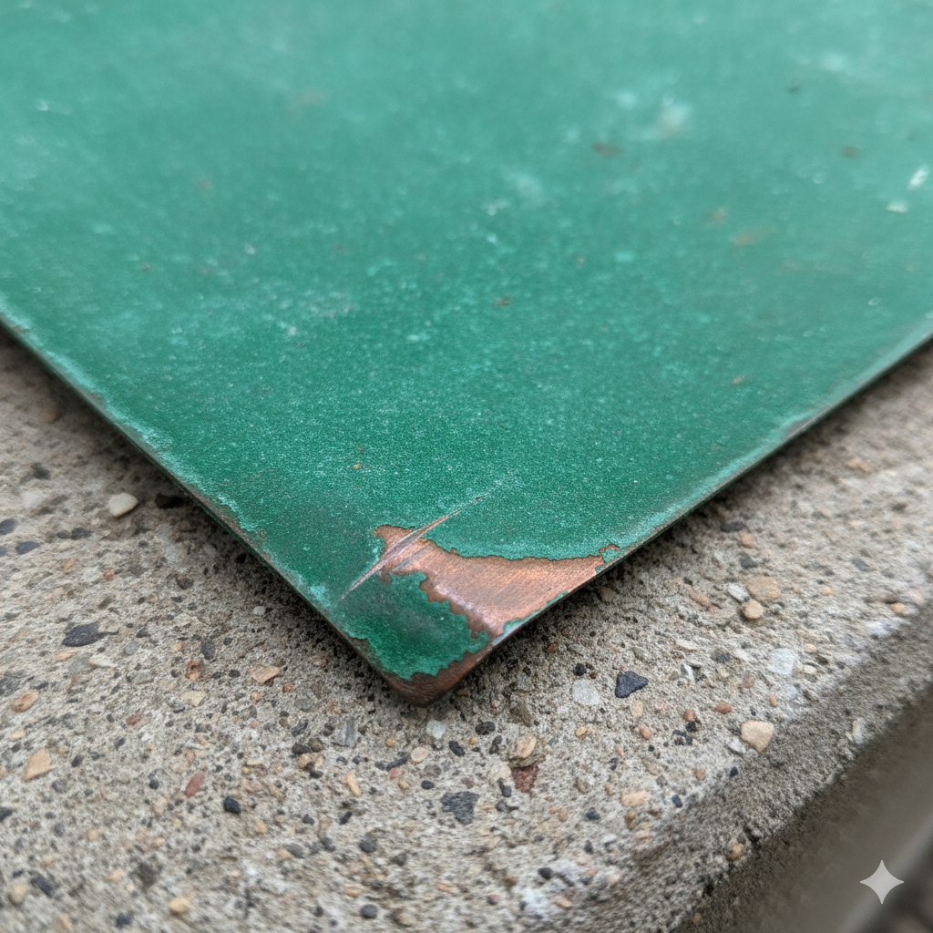 Róg blachy miedzianej, pokrytej zieloną patyną, z widocznym przetarciem na rogu, spod którego prześwituje naturalny kolor miedzi.