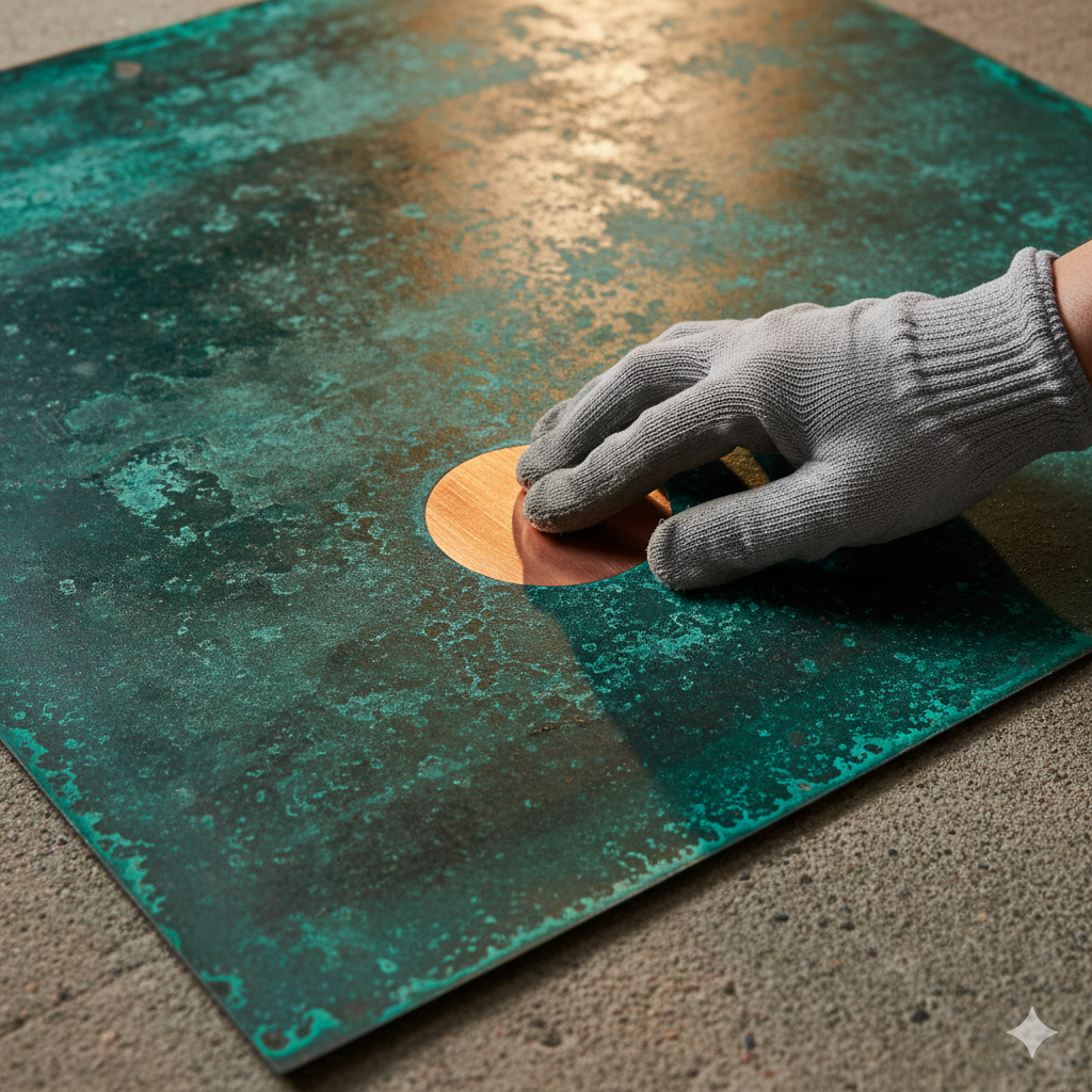 Pracownik skupu usuwający niewielką część patyny by móc lepiej określić wartość metalu.