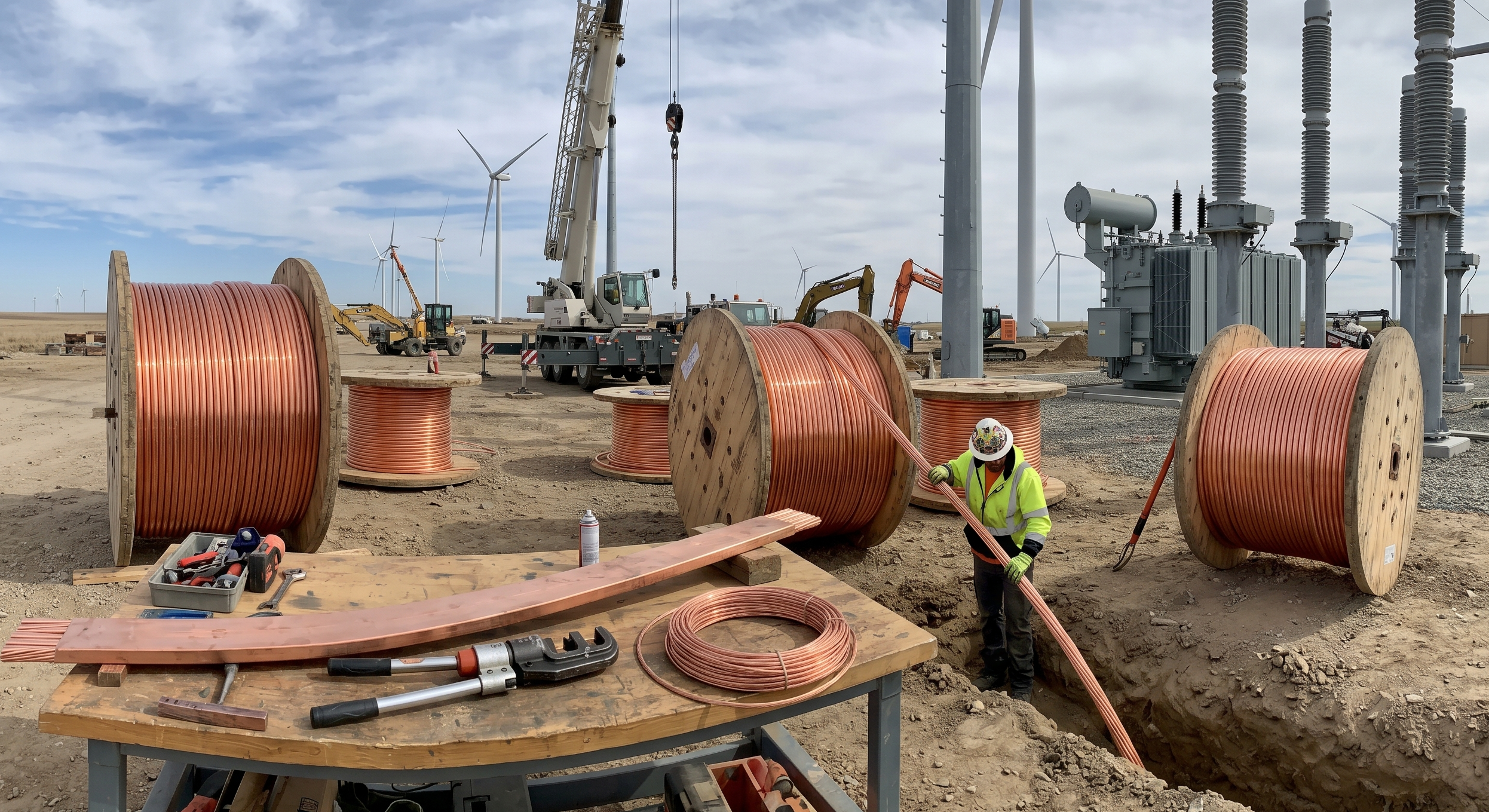 Zdjęcie z kładzenia infrastruktury miedzianej stacji elektrycznej. 