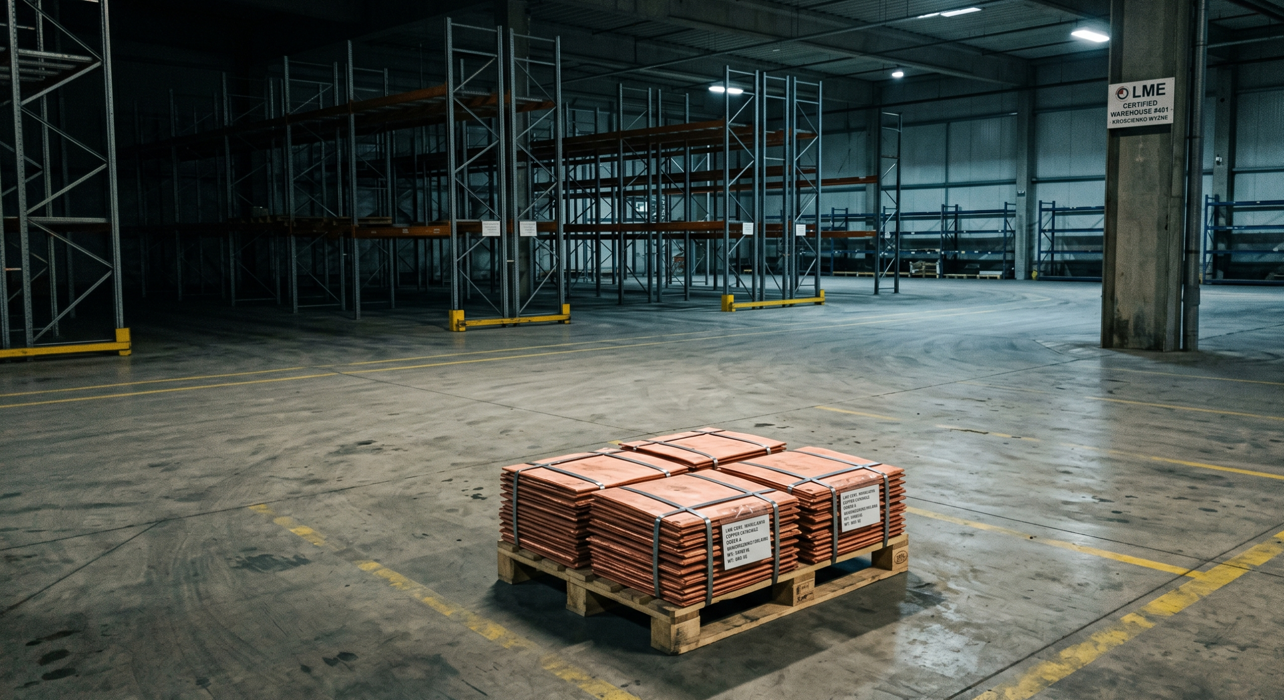 Pusta hala magazynu z jedną paletą, podkreślająca niedobór rynkowy miedzi.